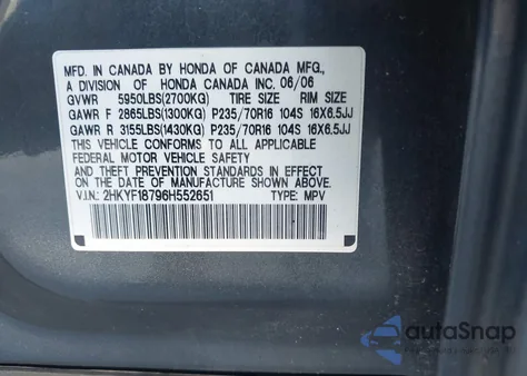 2006 Honda Pilot Ex-L из США, поврежденный, VIN 2HKYF18796H552651